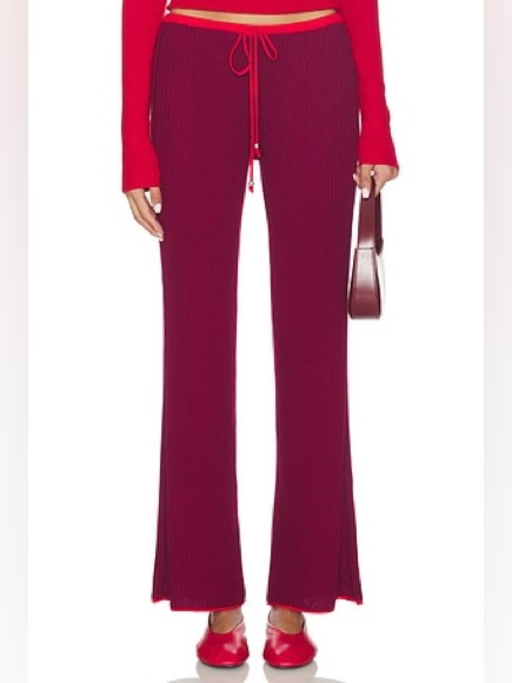 Frankie's Bikinis Burgundy Ribbed Leggings with Red Trim